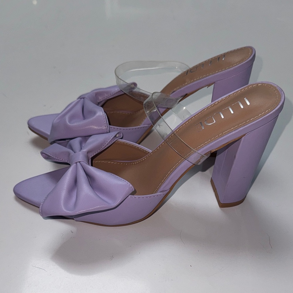 Lilac Bow Block Heel Mules with Clear Strap